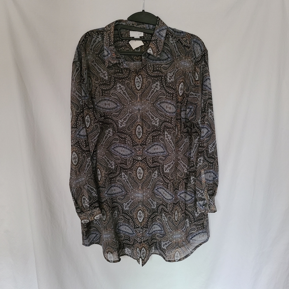 J.Jill Women's Tunic Blouse Sheer Paisley Print Button Down Size Medium Petite